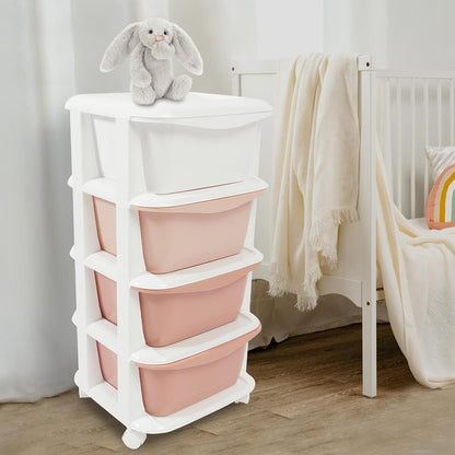 Storage Unit, 4 Tier Plastic Storage Drawers Cart with Universal Wheels, Rolling Dresser Organizer Utility Cart, Multipurpose Storage Tower for Living Room, Cloakroom, Office (Gradient Pink)
