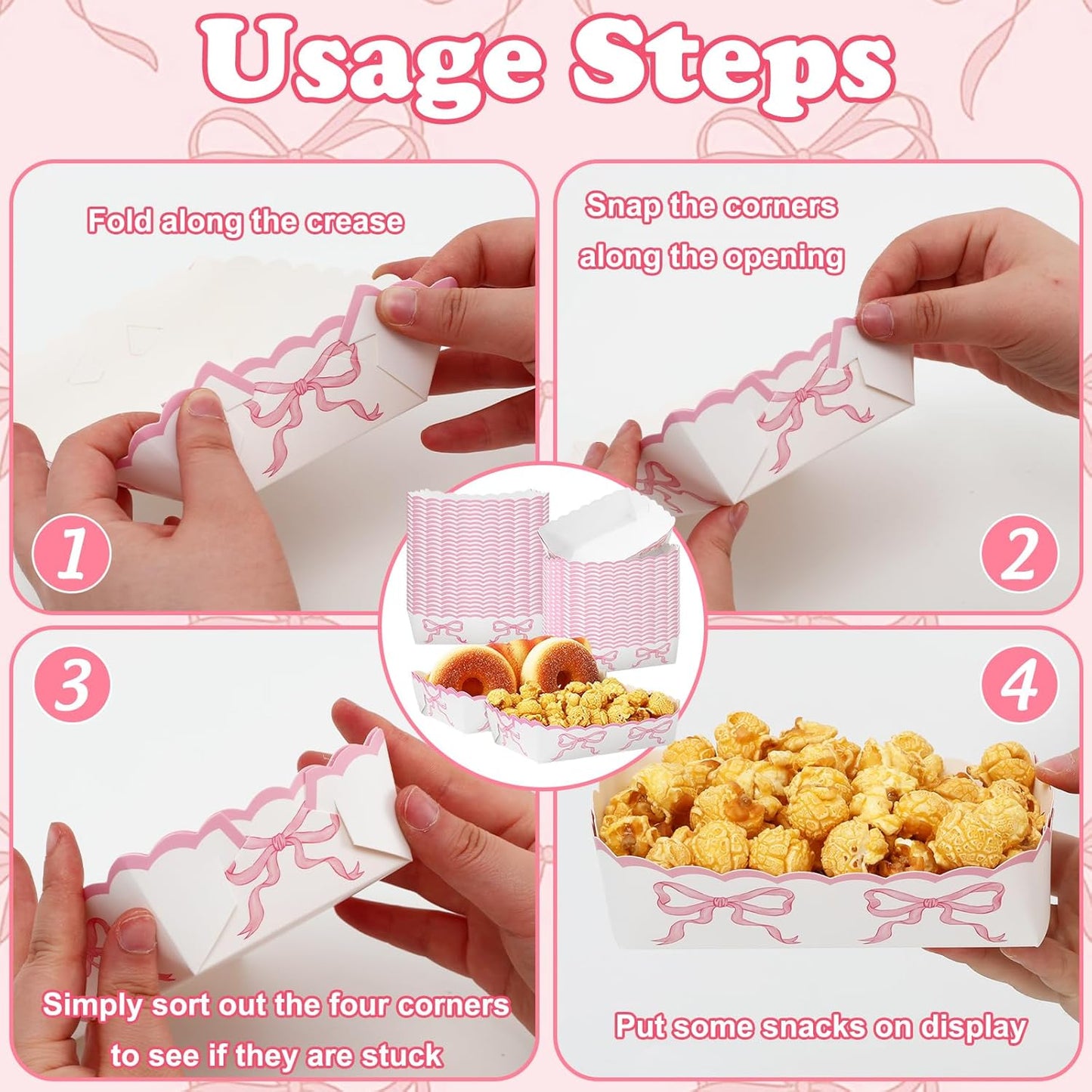 FYSUIMU 60 Pcs Pink Bow Paper Food Trays Watercolor Coquette Bowknot Food Boats Scalloped Disposable Serving Trays for Birthday Baby Shower Bachelorette Party Supplies
