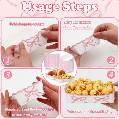 FYSUIMU 60 Pcs Pink Bow Paper Food Trays Watercolor Coquette Bowknot Food Boats Scalloped Disposable Serving Trays for Birthday Baby Shower Bachelorette Party Supplies