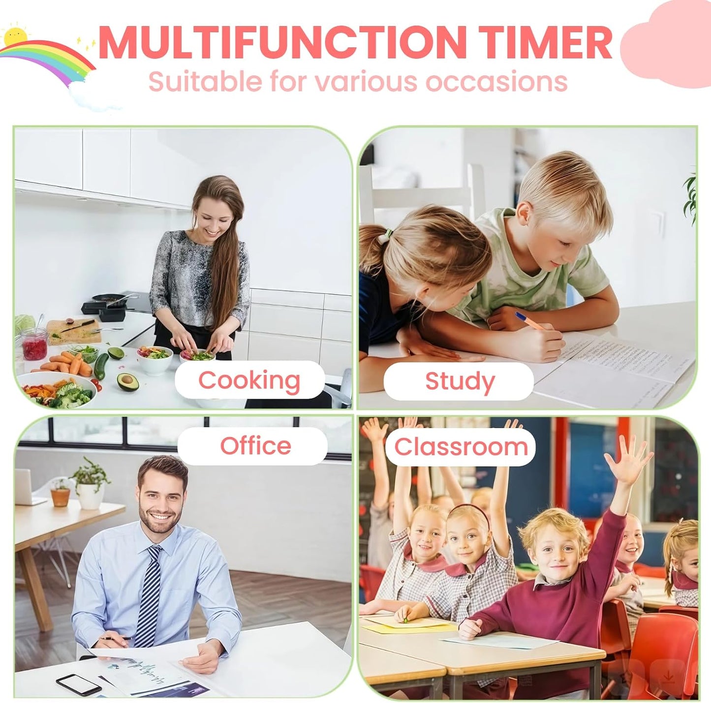 Cartoon Mechanical Kitchen Timer, 60 Minutes Countdown Timer, Mechanical Visual Timer for Kids - No Batteries Required, Kitchen Timer for Cooking, Home, Study and Classroom (Pink-A)