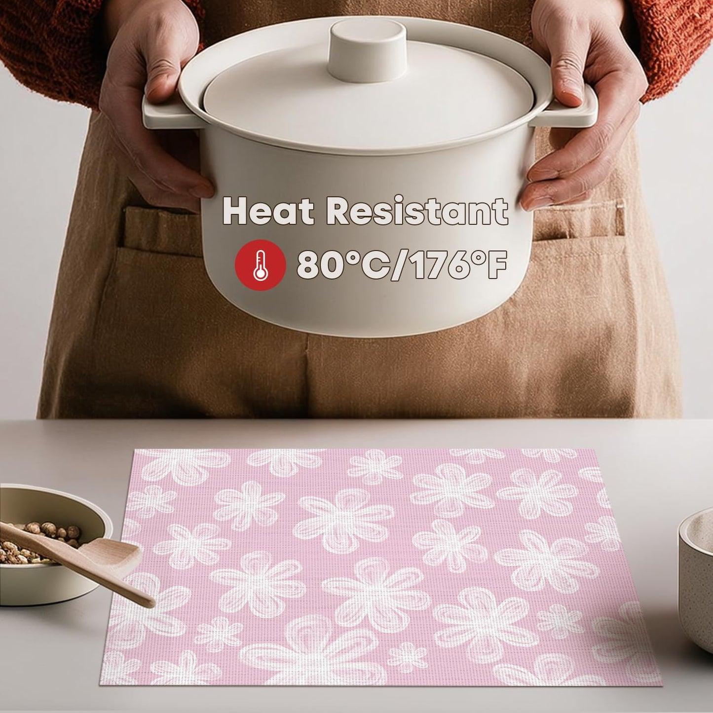 Artoid Mode Pink Flowers Vinyl Spring Placemats Set of 4, Washable Heat Resistant Non-Slip Woven Plastic PVC Place Summer Mats for Farmhouse Holiday Party Dining Table Decor