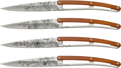 deejo - Set of 4 Steak Knives - Blossom Design, 9.55-Inch, Stainless Steel Blade, Mirror Finish, Coral Wood Handle - 2 oz Non-Folding Stunning Table Knives
