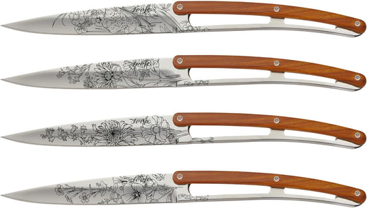 deejo - Set of 4 Steak Knives - Blossom Design, 9.55-Inch, Stainless Steel Blade, Mirror Finish, Coral Wood Handle - 2 oz Non-Folding Stunning Table Knives