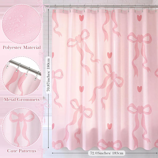Haull Pink Bow Shower Curtain for Bathroom Coquette Preppy Curtain Decorations with 12 Hooks Pink Bow Aesthetic Bathroom Decor Waterproof Shower Accessories, 72 x 71 Inch