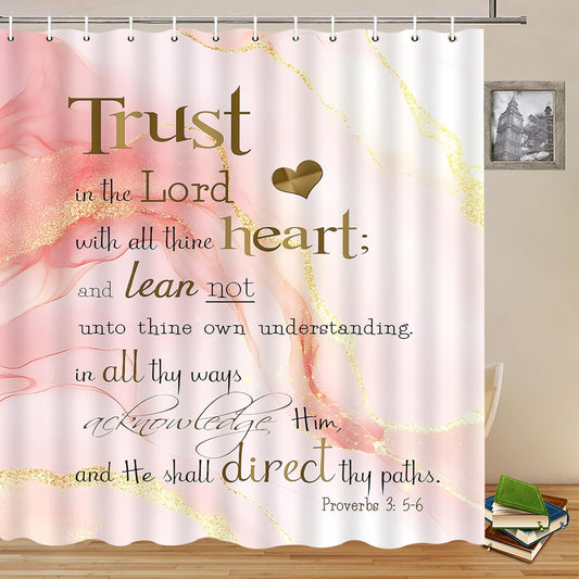 Inspirational Quote Shower Curtains Pink Marble Abstract Modern Luxury Gold Trust in The Lord with All Thine Heart Motivational Words Bathroom Decor Polyester Curtain 70 x 70 Inch with Hooks