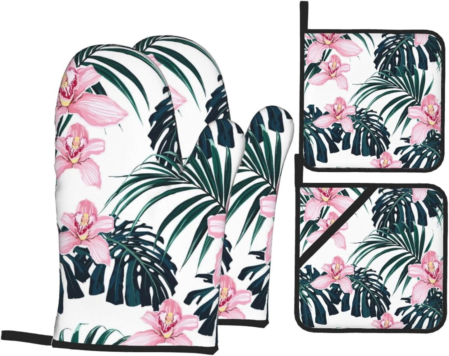 Tropical Vivid Foliage Monstera Leaf Palm Leaves Pink Orchid Flowers 4 Pack Custom Design Oven Mitts Pot Holders Set, Thick Polyester Kitchen Gloves for Home Baking Backyard Grilling