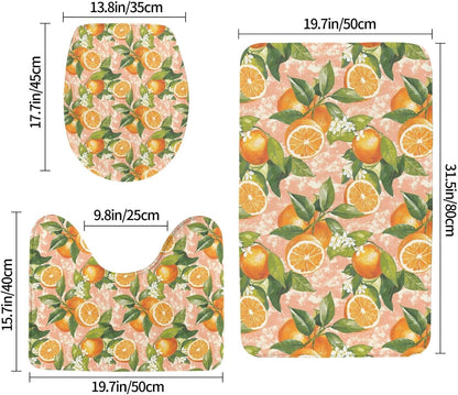 Bathroom Rugs Sets 3 Piece - Orange Light Pink Print Absorbent Non Slip Washable Bath Mats, U-Shape Toilet Lid Cover, Contour Mat, Soft Shower Mats Bath Rug Mat for Bathroom Tub Toilet