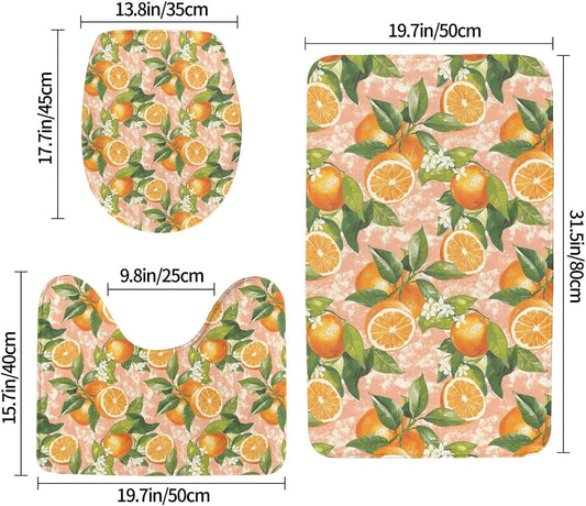 Bathroom Rugs Sets 3 Piece - Orange Light Pink Print Absorbent Non Slip Washable Bath Mats, U-Shape Toilet Lid Cover, Contour Mat, Soft Shower Mats Bath Rug Mat for Bathroom Tub Toilet