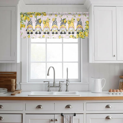 Lemon Gnomes Sheer Curtains Valances for Windows Summer Fruits Botanical Pink Plaid Chiffon Kitchen Valances for Cafe, Rod Pocket Voile Window Treatments Curtains for Living Room Bedroom, 54"x18"