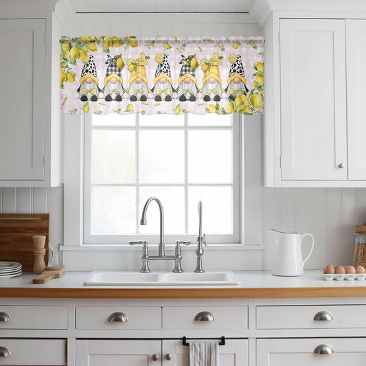 Lemon Gnomes Sheer Curtains Valances for Windows Summer Fruits Botanical Pink Plaid Chiffon Kitchen Valances for Cafe, Rod Pocket Voile Window Treatments Curtains for Living Room Bedroom, 54"x18"