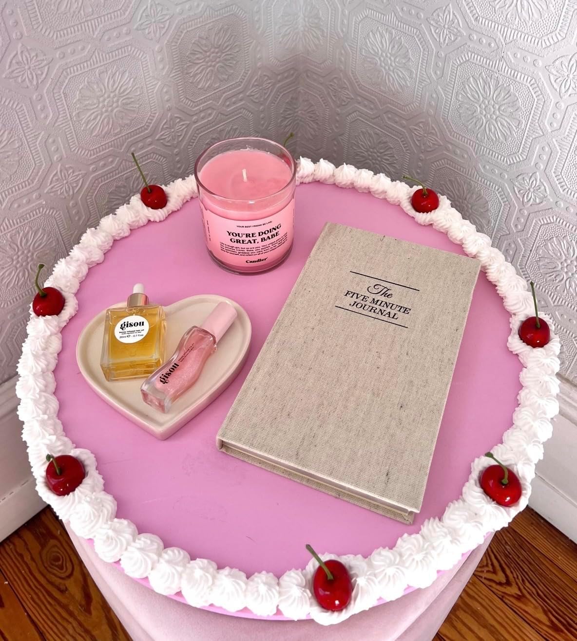 Drippin Spice Retro Pink Cherry Faux Cake Tray, Handmade Decorative Vanity Tray, Coquette Aesthetic Room Decor, Cute Jewelry & Perfume Organizer, Girly Dessert Display Plate, XL 15.75 Inch