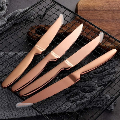 DOCBLACK Stainless Steel Steak Knives set of 8 Serrated Steak Knife Sets with Sharp Blade, 8.66 Inches(22 CM) Silverware Cutlery Table Knives for Steak (Rose Gold)