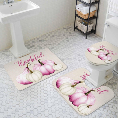 Pink White Pumpkin Bathroom Rug Sets 3 Piece, Non Slip Bath Mat, Fall Thanksgiving Retro Light Beige Absorbent Floor Mats Bath Rugs with U-Shaped Contour Rug Toilet Lid Cover Bathroom Decor Small