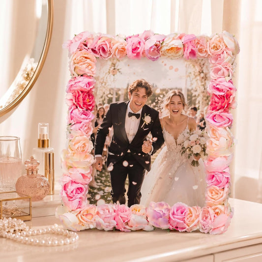 Novabright Pink Floral Photo Frame 8 x 10 Inch Silk Floral Picture Frame with Easel and Hook for Tabletop or Wall Display Decorative Flower Design Home Decoration Art Photo Gallery