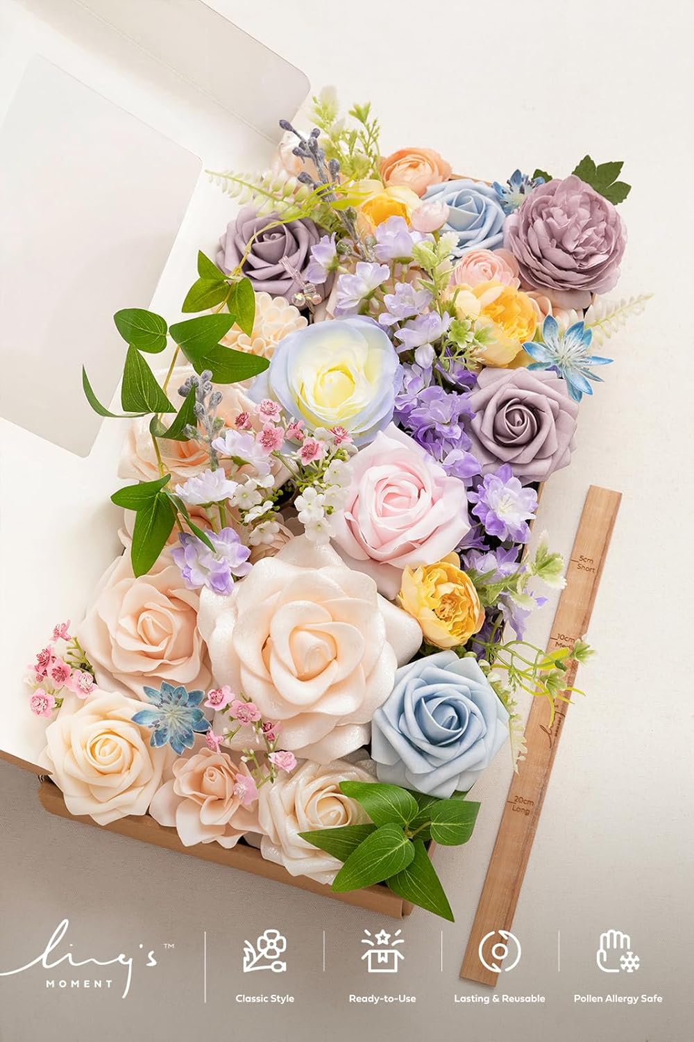 Ling's moment Fake Flowers Box, Faux Artificial Greenery Stems Foam Roses Gardenia Silk Ranunculus Fabic Flower for Centerpieces Bouquet Wedding Vase Decorations, Powder Blue & Peach, Deluxe Combo