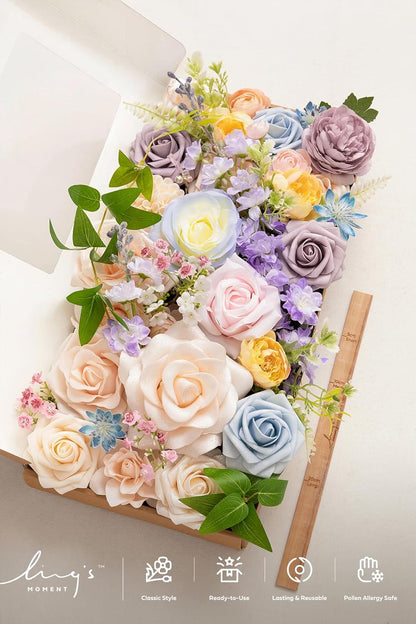 Ling's moment Fake Flowers Box, Faux Artificial Greenery Stems Foam Roses Gardenia Silk Ranunculus Fabic Flower for Centerpieces Bouquet Wedding Vase Decorations, Powder Blue & Peach, Deluxe Combo