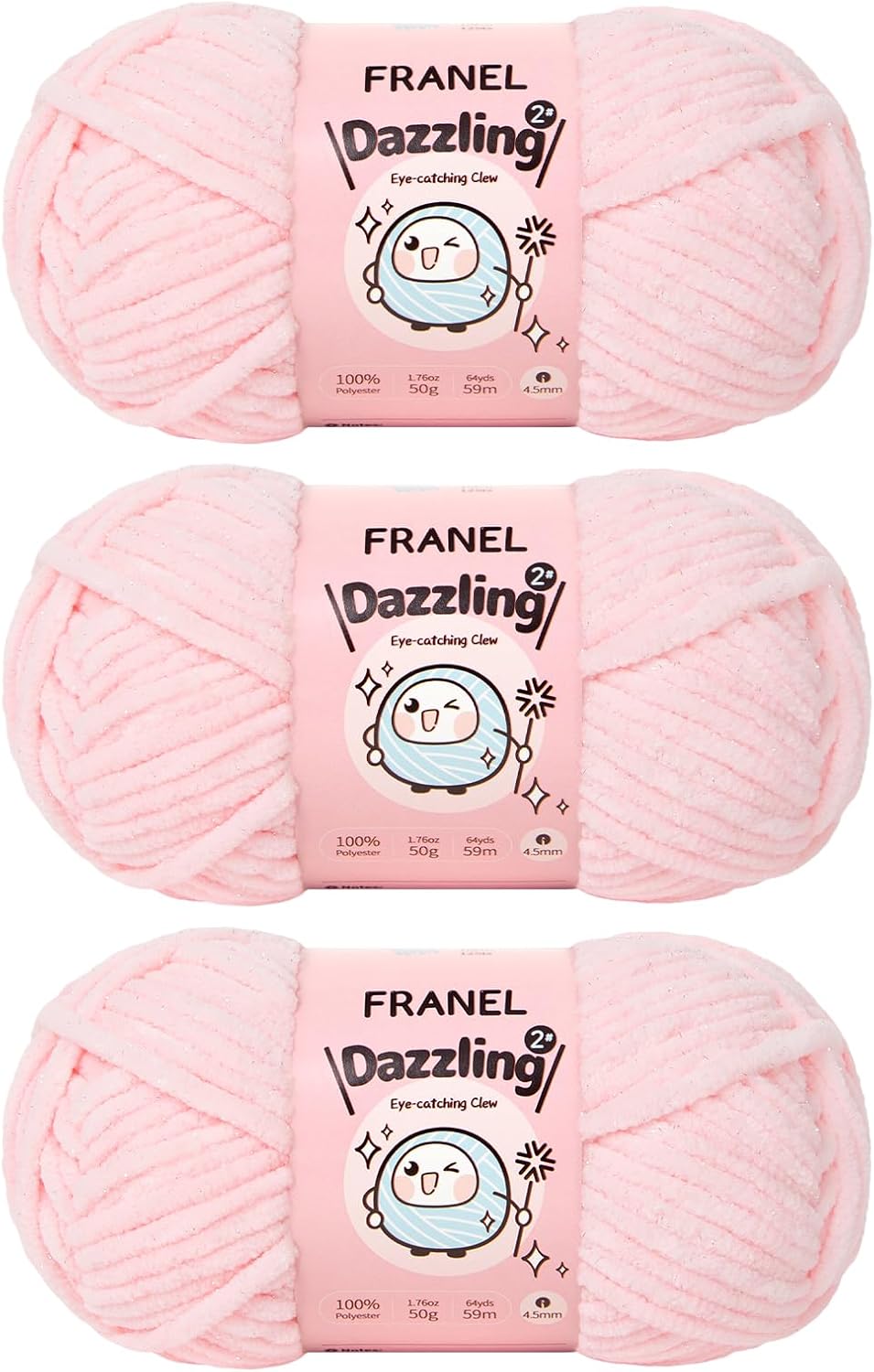 Franel Sparkle Chenille Yarn for Crocheting, #6 Super Bulky Sparkly Velvet Yarn, Starry Shimmer Soft Plush Yarn for Amigurumi, Baby Blankets & DIY Crafts, 100g/74Yds Each Skein (Light Pink, 3 Pack)