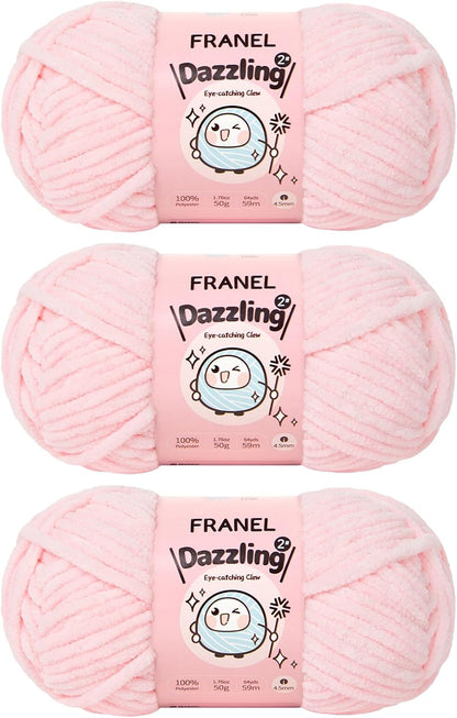 Franel Sparkle Chenille Yarn for Crocheting, #6 Super Bulky Sparkly Velvet Yarn, Starry Shimmer Soft Plush Yarn for Amigurumi, Baby Blankets & DIY Crafts, 100g/74Yds Each Skein (Light Pink, 3 Pack)