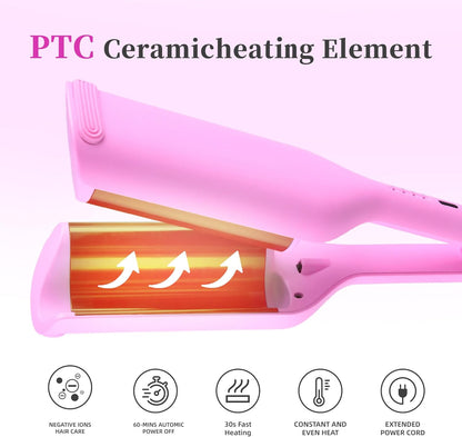NONK Power Curling Iron Hair Crimper Waver, Ceramic Double Barrel Curling Wand, 1.25 Inch, Dual Voltage, Anti-Scald, Easy to Use, Hot Tools for Women, Pink, Gifts for Women