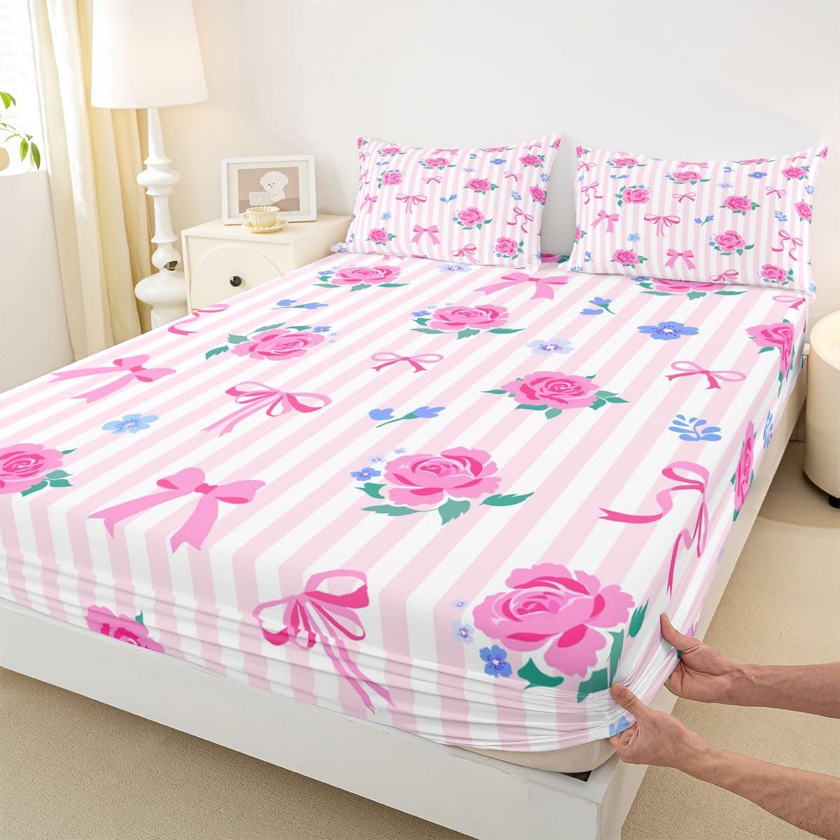 Feelyou Cute Bow Bed Sheets Set Queen Size Romantic Rose Flower Deep Pocket Fitted Sheet Bow Tie Striped Bedding Sets Soft Bed Set 4Pcs with 2 Pillow Cases