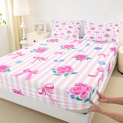 Feelyou Cute Bow Bed Sheets Set Queen Size Romantic Rose Flower Deep Pocket Fitted Sheet Bow Tie Striped Bedding Sets Soft Bed Set 4Pcs with 2 Pillow Cases