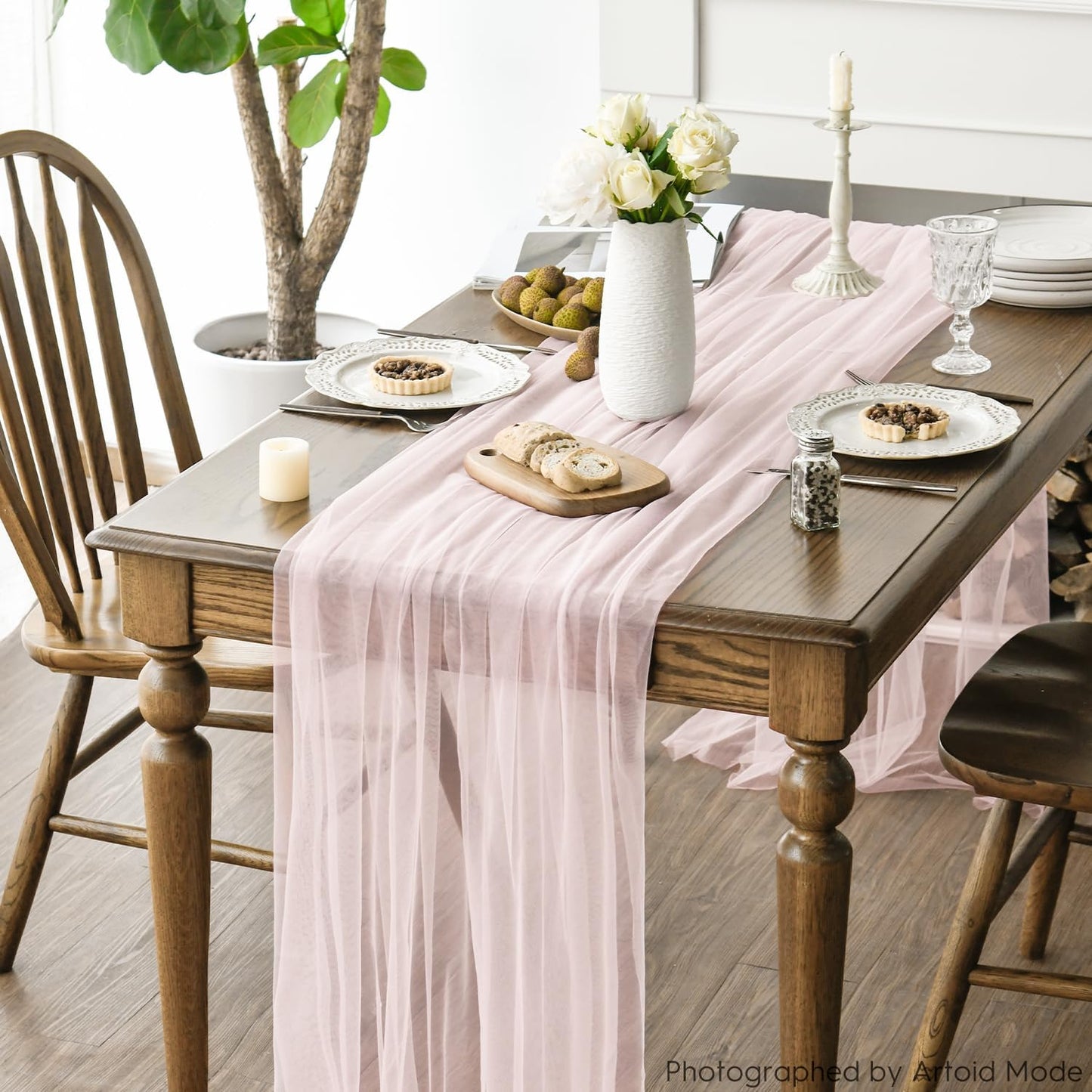 Artoid Mode Blushing Pink Gauze Table Runner 120 Inch 10FT, Seasonal Sheer Kitchen Dining Holiday Wedding Birthday Baby Shower Table Decor for Home Party