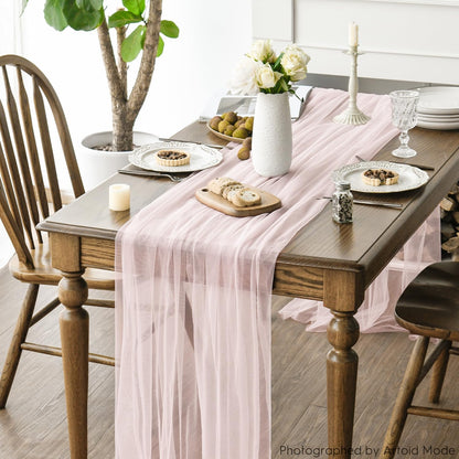 Artoid Mode Blushing Pink Gauze Table Runner 120 Inch 10FT, Seasonal Sheer Kitchen Dining Holiday Wedding Birthday Baby Shower Table Decor for Home Party
