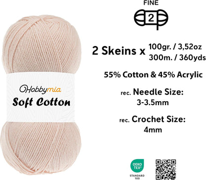 Soft Cotton Blend Crochet Yarn – Sport Weight Yarn for Crochet & Knitting – 100g / 361yds – 55% Cotton 45% Acrylic – Ideal for Amigurumi & Baby Projects (Orange - Light Peach, 2 Skeins)