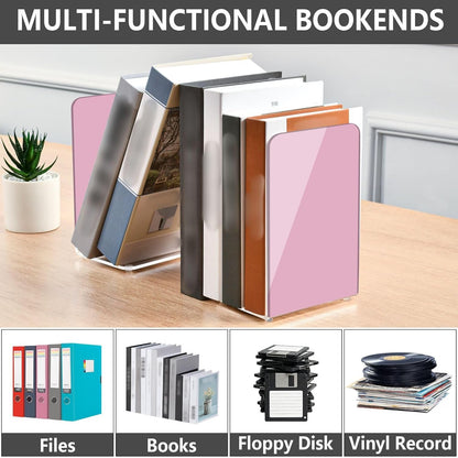Solid Light Pink Acrylic Bookends 2PCS, Book Ends for Shelves, Holder Stand Decorative Stoppers for Heavy Duty Books, CD, File, Video Games
