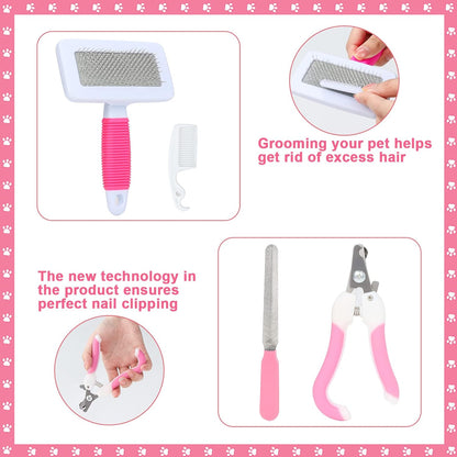 VCZONE Pink Small Animal Grooming Kit with Nail Clipper, Flea Comb, Shampoo Brush, Slicker Brush, Massage Glove for Rabbits