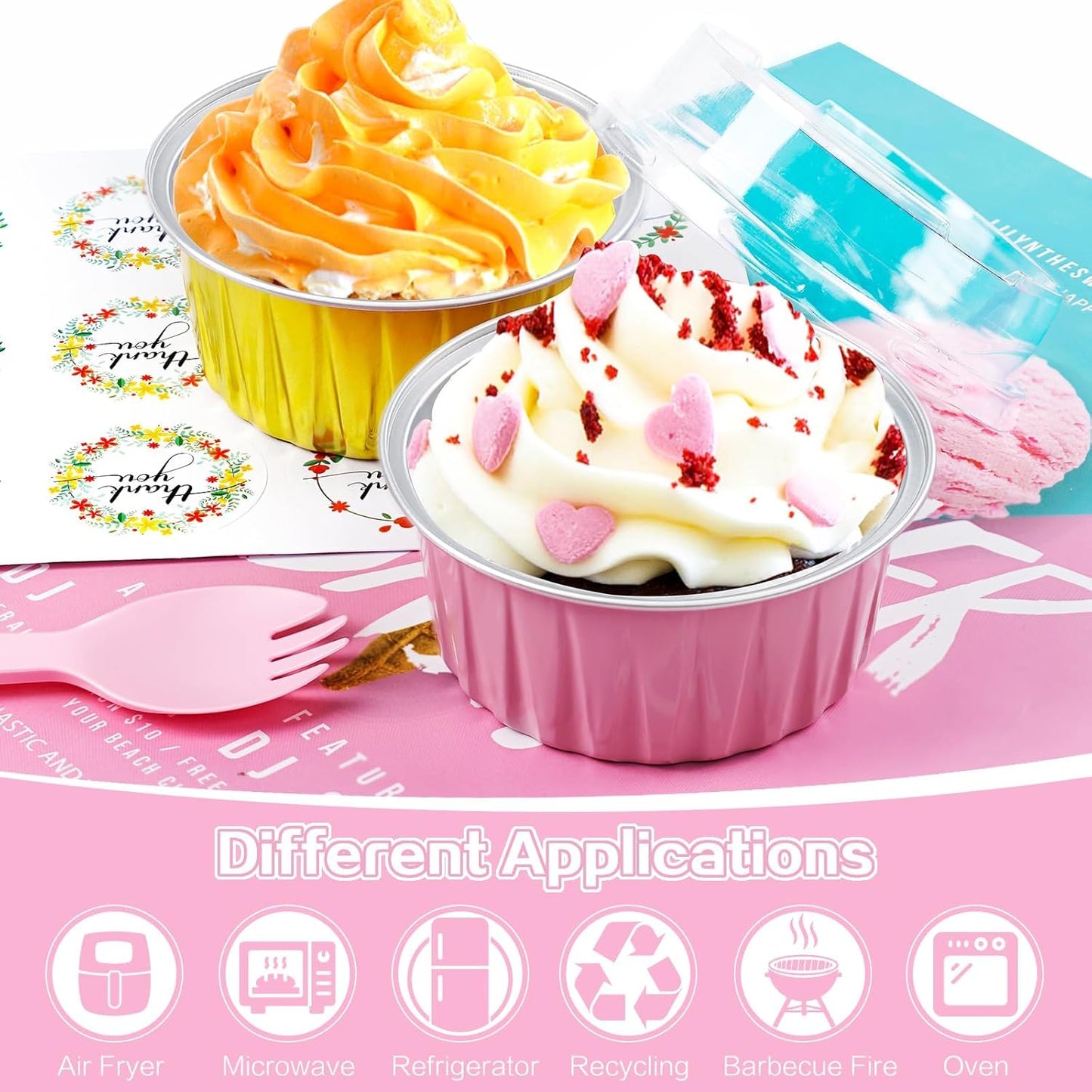 30Pcs Mini Cake Pans with Lids Aluminum Foil, ZOXILEN 5oz Disposable Mini Loaf pans with Lids and Spoons, Small Baking Cups Pie Tins Muffin Pan Cheesecake Containers for Party Pink Round