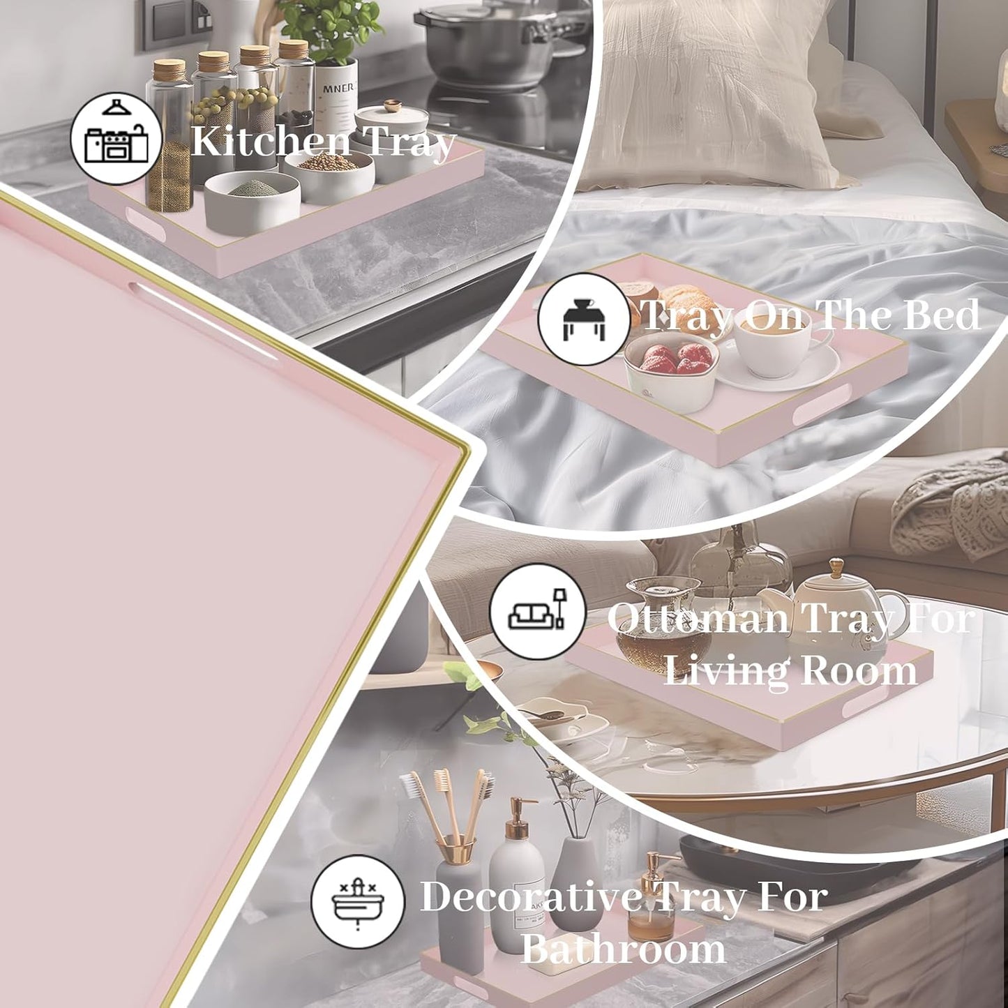 MAONAME Pink Serving Tray with Handles, Rectangular Decorative Tray, Modern Coffee Table Trays, Plastic Ottoman Trays for Bathroom, Decor, 15.7” x 11.8” x 1.57"