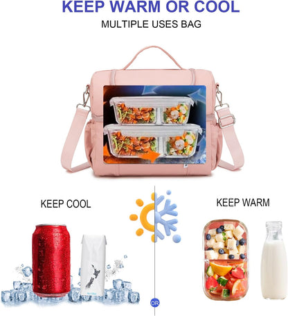 NOL Natural Organic Lifestyle Adult Lunch Box Insulated Lunch Bag Large Dual Compartment Lunch Bag Coolers Lightweight Nylon Waterproof Lunch Box for Work, Picnic, Travel, Outdoors, Pink