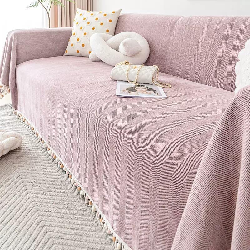 Chenille Throw Blanket for 1 2 3 4 Sofa, Soft Herringbone Tassel Sofa Throw, Waterproof Non-Slip Scratch Resistant Furniture Protector (Pink,180 × 130cm / 71×51 in)