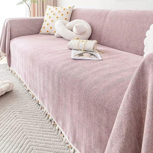 Chenille Throw Blanket for 1 2 3 4 Sofa, Soft Herringbone Tassel Sofa Throw, Waterproof Non-Slip Scratch Resistant Furniture Protector (Pink,180 × 130cm / 71×51 in)