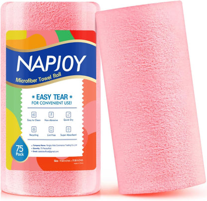 Napjoy Microfiber Cleaning Cloth Roll, 75PK Easy Tear Away Reusable Paper Towels, 12" x 12", Lint-Free and Scratch-Free with Patented Fiber Technology Microfiber Towel Roll, Pink