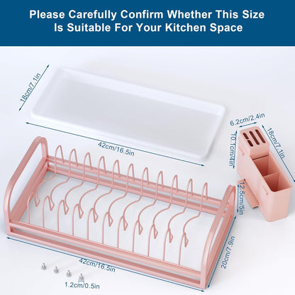 Pink Dish Rack - Small Dish Drying Rack for Limitied Kitchen Counter, Narrow Stainless Steel Dish Drainer w Tray, Cutlery Holder, Cute Kitchen Appliances Organizer for A Lovely You
