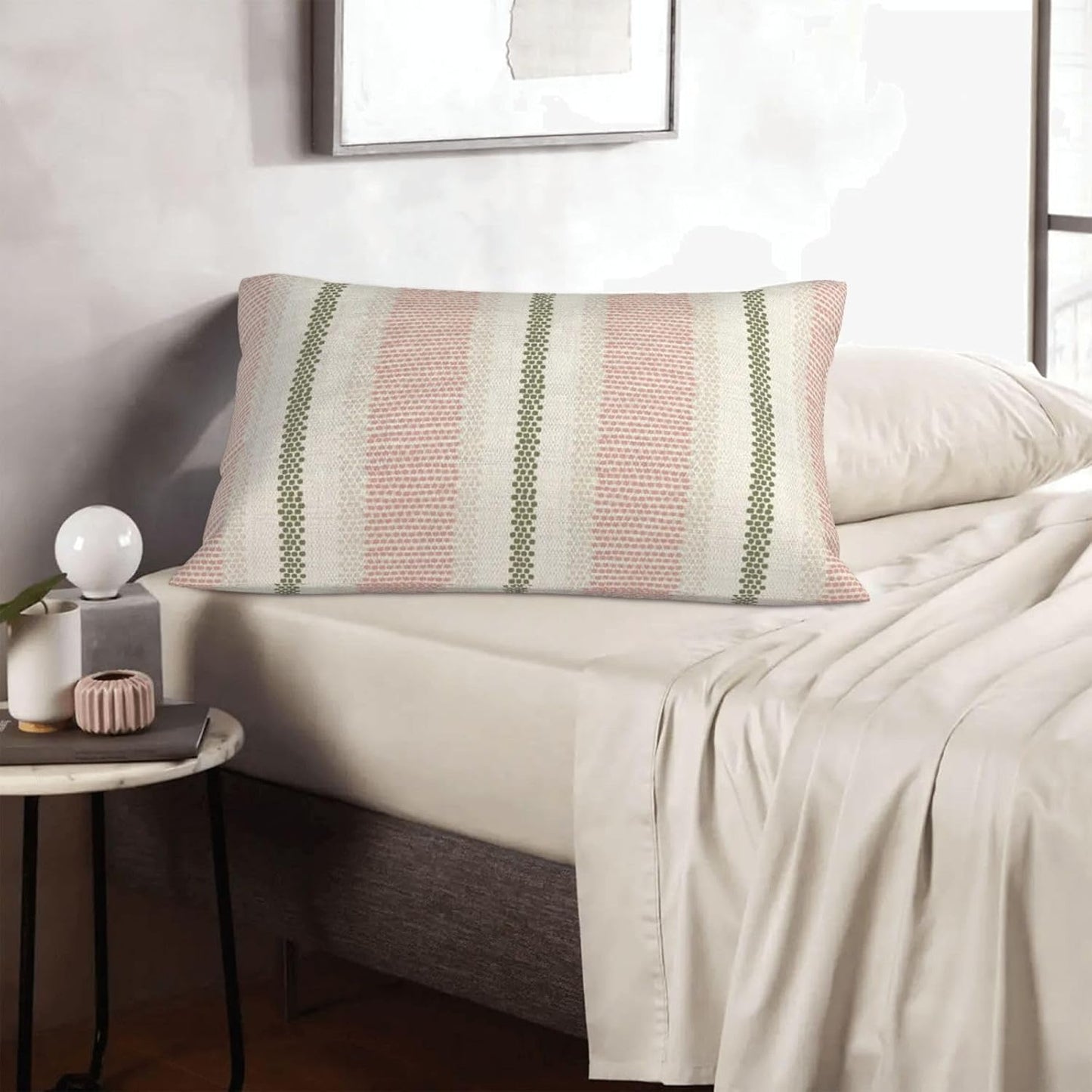 Boho Pillow Covers 12x20 Set of 2 Sage Green Pink Stripe Polka Dot Throw Pillow Covers Outdoor Decoration Modern Abstract Decorative Pillowcase Farmhouse Linen Lumbar Cushion Case for Home Sofa