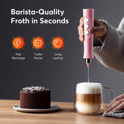 FoodVille MF02 Rechargeable Milk Frother Handheld Foam Maker with Stainless Whisk for Cappuccino, Latte, Bulletproof Coffee, Keto Diet, Protein Powder, Matcha (Coral Pink)