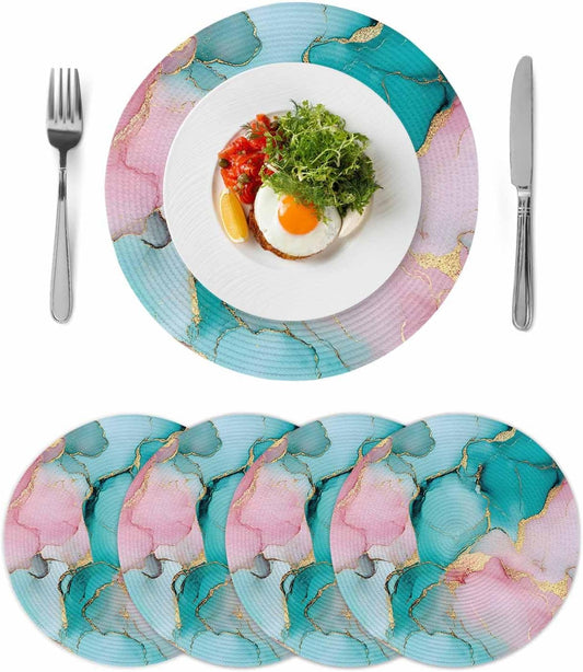 Teal Pink Marble Round Placemats Set of 4 Abstract Ink Painting Luxury Modern Place Mats Indoor Woven Table Mats Washable Heat-Resistance Braided Dining Table Placemats for Kitchen Holiday 15 Inch