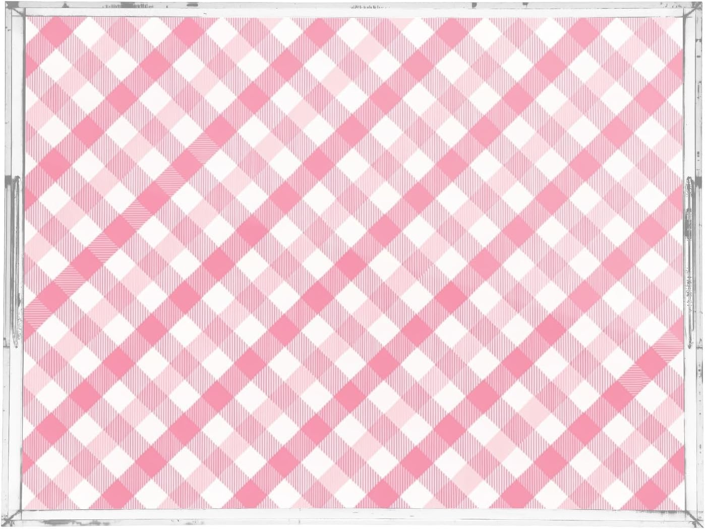 Pink Gingham Serving Tray 12" x 16" Acrylic Trays with Handles Decorative Serving Platter for Coffee, Breakfast in Bed, Dinner, Appetizers, Patio, Party