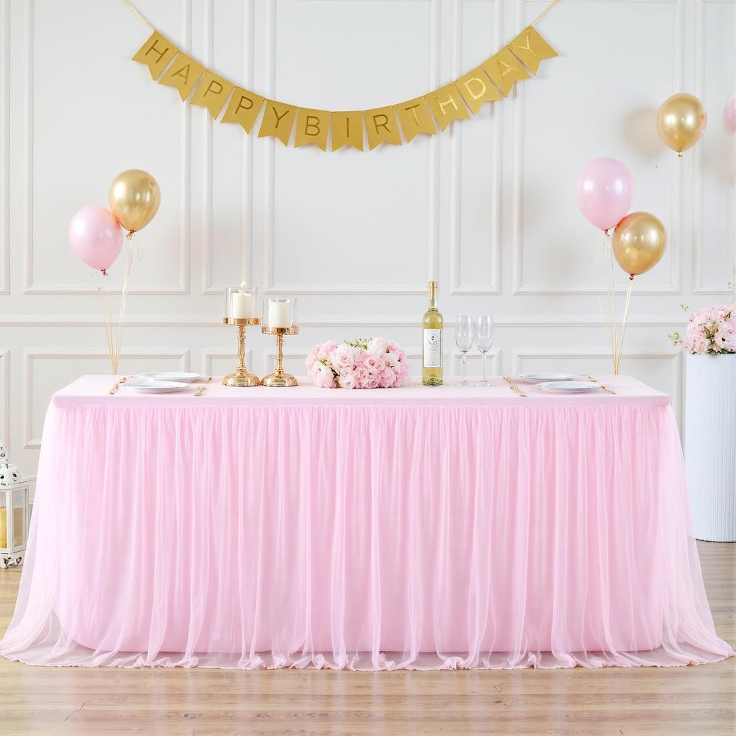 6ft Pink Tulle Tablecloth for Rectangle Tables 6 Foot Pink Table Cloth Rectangle Wrinkle Free Stretch Table Cover with Tutu Skirt for Baby Shower Girls Birthday Party Banquet Buffet Desk Skirt