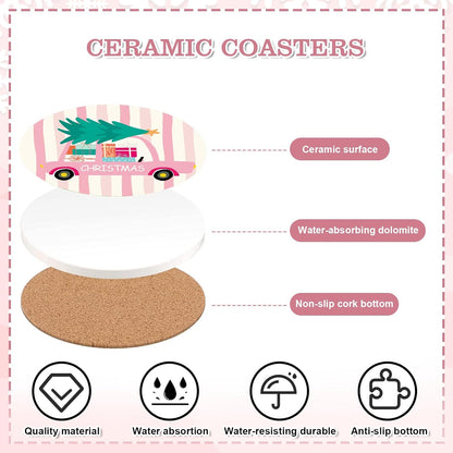 JarThenaAMCS 4Pcs Pink Christmas Cartoon Coasters Winter Snowflake Xmas Tree Truck Ceramic Coasters Absorbent Cup Mat for Mug Cup Home Kitchen Office Party Table Decor