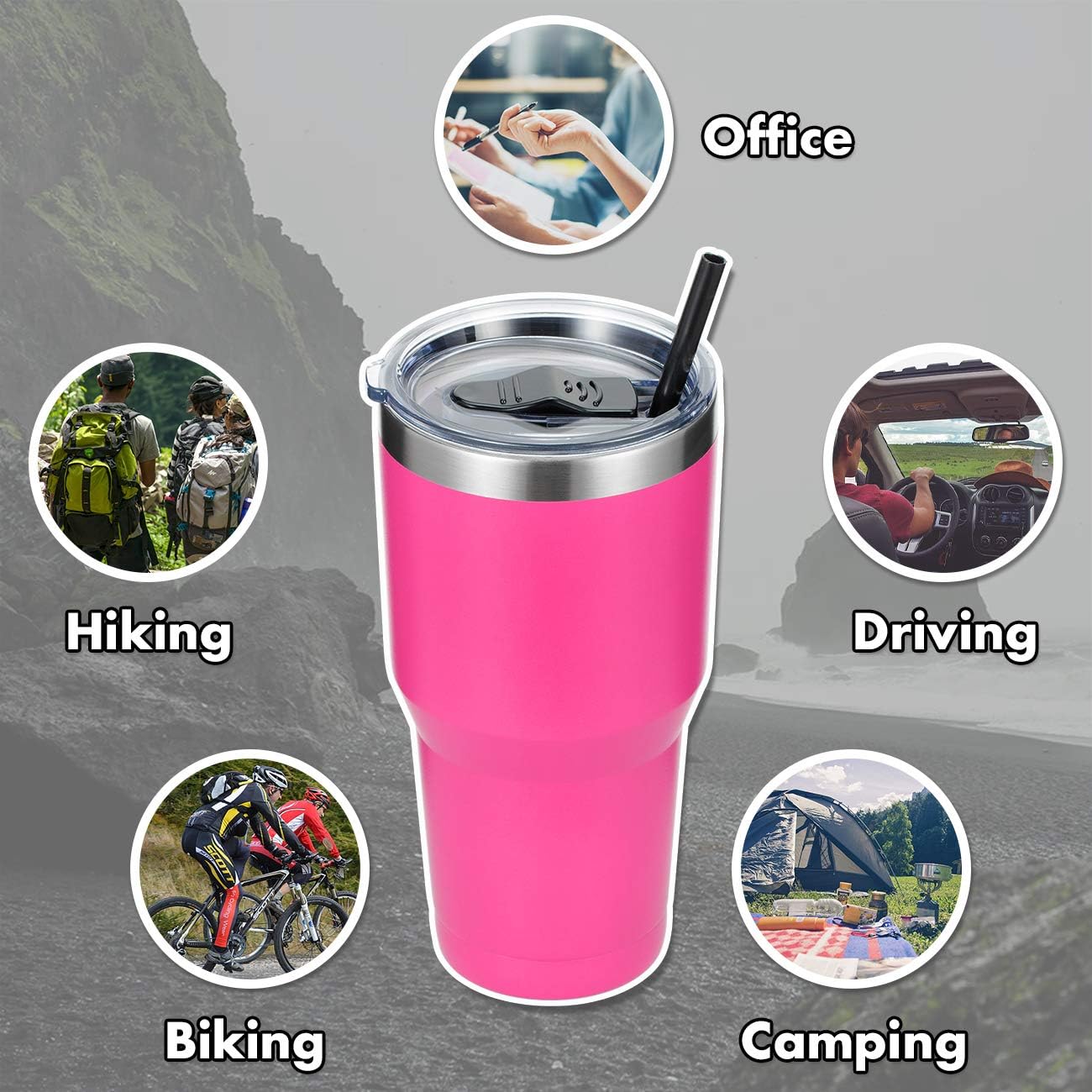 30oz Stainless Steel Tumbler, Insulated Coffee Tumbler Cup with Lid and Straw, Double Walled Travel Coffee Mug for Hot & Cold Drinks (Bright Pink, 1 Pack)
