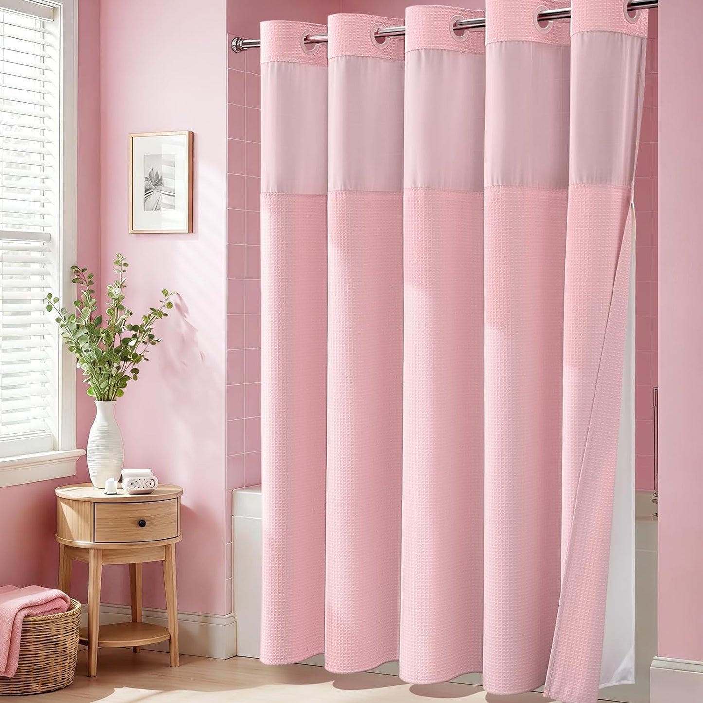 Dynamene Pink Hook Free Shower Curtain & Snap in Fabric Liner with Magnets, Waffle Weave Shower Curtains for Bathroom, Mesh Top Window, Less Time 3 in 1 Shower Curtain and Liner Set, 72" W x 75" L