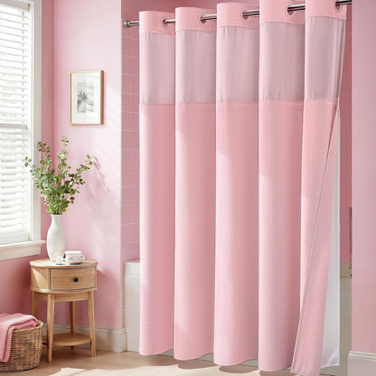 Dynamene Pink Hook Free Shower Curtain & Snap in Fabric Liner with Magnets, Waffle Weave Shower Curtains for Bathroom, Mesh Top Window, Less Time 3 in 1 Shower Curtain and Liner Set, 72" W x 75" L