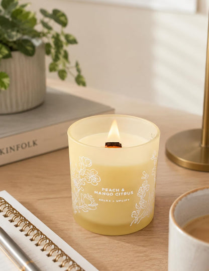 Peach Mango Citrus Candle, 10.6oz Wood Wick Soy Scented Candles for Home, Juicy Tropical Scent, Highly Scented Aromatherapy Relaxation Candle, Summer Gift for Women & Men