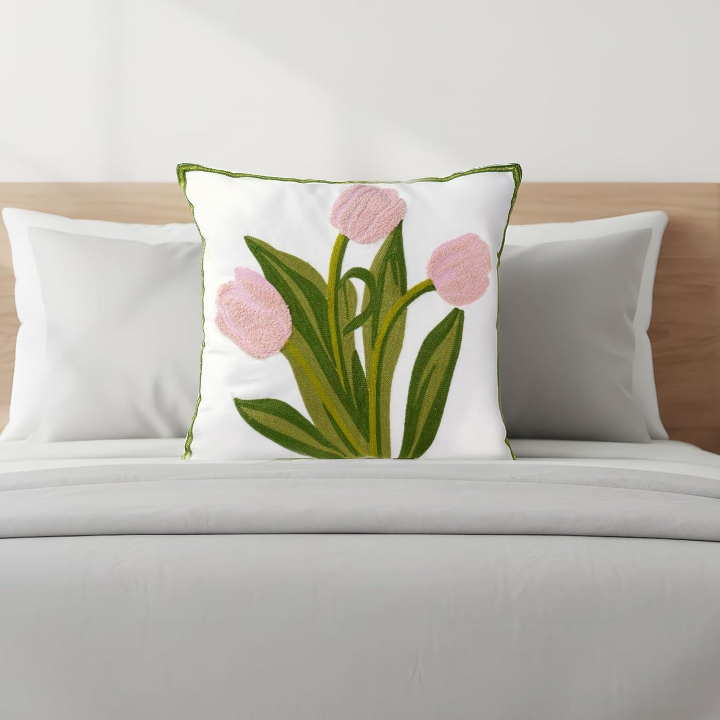 Embroidered Boho Floral Pillow Covers 18x18 Inch Linen Spring Decorative Throw Pillow Cases for Living Room Couch Sofa Bed Home Decor (Pink)