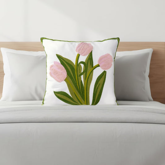 Embroidered Boho Floral Pillow Covers 18x18 Inch Linen Spring Decorative Throw Pillow Cases for Living Room Couch Sofa Bed Home Decor (Pink)