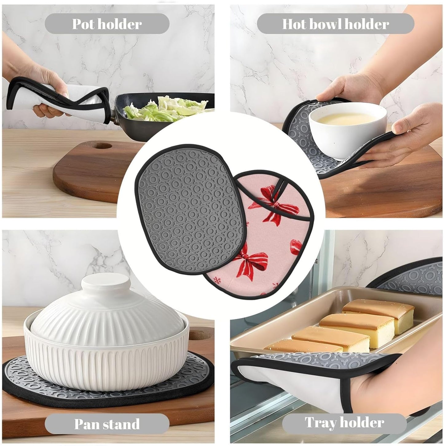 Red White Bow On Light Pink Silicone Pot Holders,2pcs, Heat Resistant Oven Mitts Large Potholders for Kitchen Cooking Baking Hot Pads